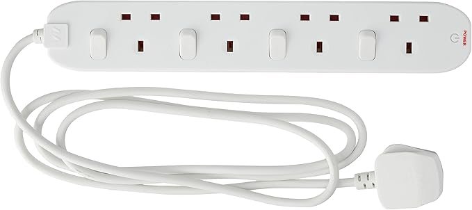 Masterplug Four Socket Extension with Individual Switches, 2 Metres, White - shermics.com