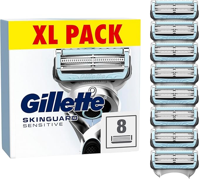 Gillette SkinGuard Sensitive Razor Blades Men, Pack of 8 Razor Blade Refills with Precision Trimmer