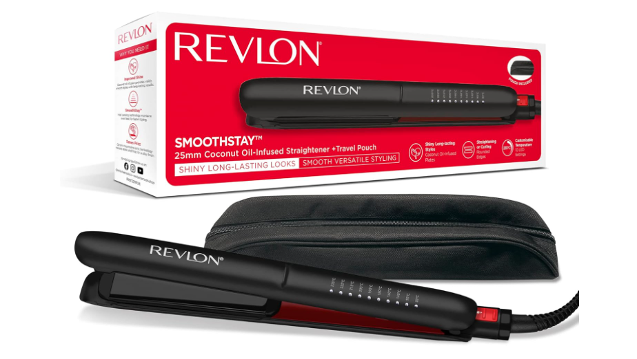 Revlon Smoothstay Coconut Oil-Infused Hair Straightener | 25mm Ceramic Plates, Floating Plates with Rounded Edges, Customizable Temperature up to 235°C - shermics.com