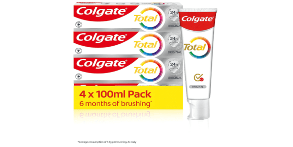 Colgate Total Whitening Toothpaste 4 x100ml | Stronger 24-Hour Bacterial Defence | Long-Lasting Active Protection