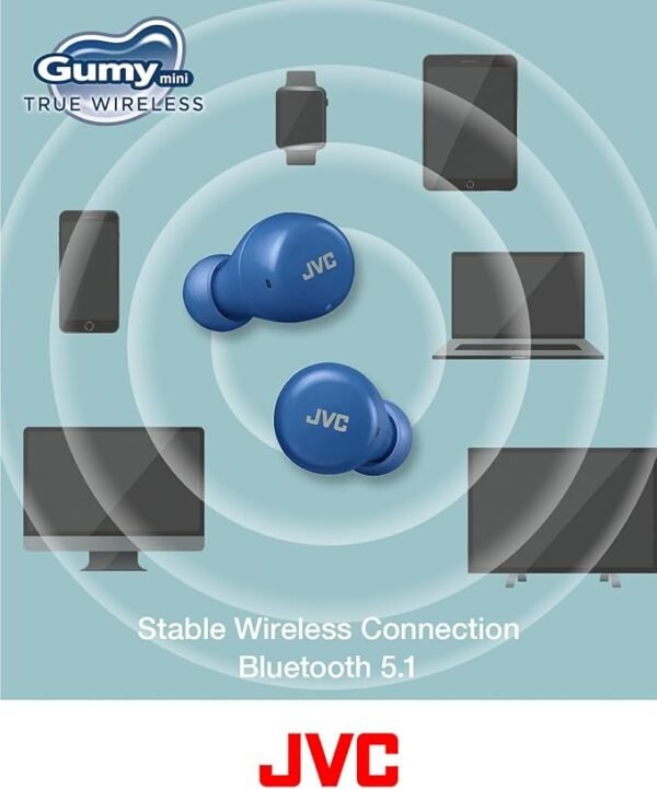 JVC HA-Z55T-A Gumy Mini True Wireless Earbuds, Long Battery Life (up to 15 Hours), Splash Protection (IPX4), Bluetooth 5.1, Single Ear Use, Compact charging case (Blue)