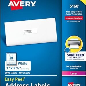 Avery Easy Peel Printable Address Labels with Sure Feed, 1" x 2-5/8", White, 3,000 Blank Mailing Labels (05160)