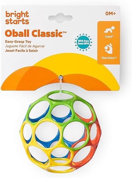 Bright Starts Oball Easy Grasp Classic Ball BPA-Free Infant Toy in Red, Yellow, Green, Blue, Age Newborn and up, 4 Inches