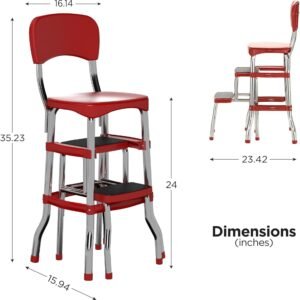 COSCO Retro Counter Chair/Step Stool, Sliding, Red