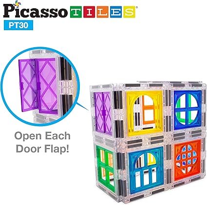 PicassoTiles 30 Piece Window and Door Clip On Magnetic Blocks Magnet Tiles Magnets Building Tile Construction Toy Set STEM Education Toys Learning Kit Stacking Block Playset Boys & Girls Age 3+ PT30