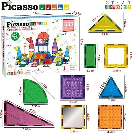 PicassoTiles 333pcs Magnetic Brick Tile and Magnetic Tile Combo Set, Action Figures included, Building Blocks STEM Toys