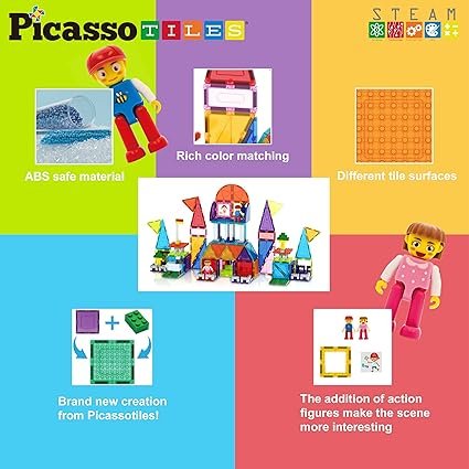 PicassoTiles 333pcs Magnetic Brick Tile and Magnetic Tile Combo Set, Action Figures included, Building Blocks STEM Toys