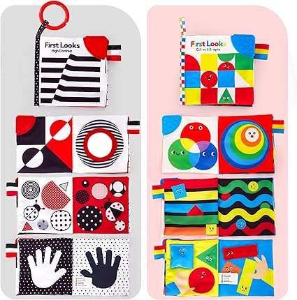 hahaland 2 Pack Baby Toys 0-6 Months, High Contrast Soft Baby Books, Hangable Sensory Toys Crinkle Cloth Books Folding Infant Toys