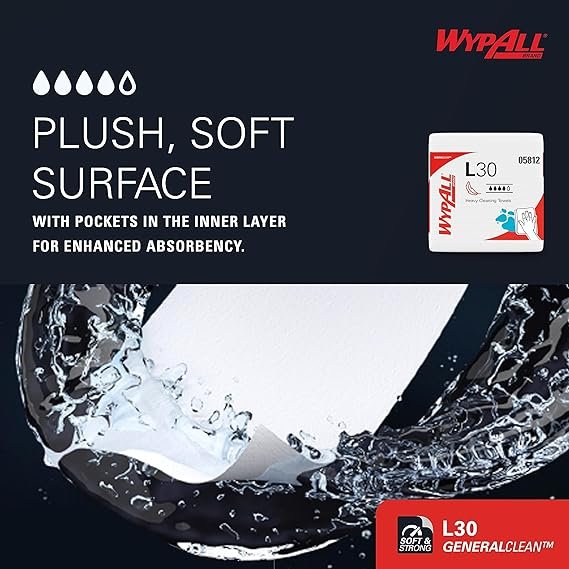 WypAll General Clean L30 Heavy Duty Cleaning Towels (05812), Strong and Soft Wipes, White, 12 Packs/Case, 90 Towels/Pack