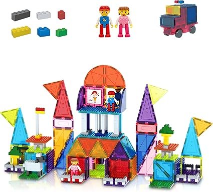 PicassoTiles 333pcs Magnetic Brick Tile and Magnetic Tile Combo Set, Action Figures included, Building Blocks STEM Toys