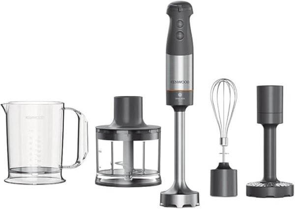 Kenwood Triblade XL Hand Blender, Mixer with Anti-Splash, Chopper 500ml, Metal Whisk and Masher Attachment and BPA-Free Plastic Beaker, HBM60.307GY, Dishwasher Safe, 1000W, Grey