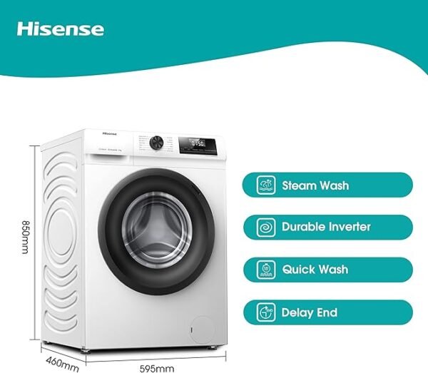 Hisense-WFQP6012EVM-Freestanding-6 KG-Front Load Durable Inverter Washing Machine-Steam Wash-Quick Wash-15 Washing Programs-1200 RPM-White-Energy Rating C [Energy Class C]