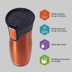 Contigo West Loop Autoseal Travel Mug, Stainless Steel Thermal Mug, Vacuum Flask, Leakproof Tumbler, Coffee Mug with BPA Free Easy-Clean Lid, 470 ml, Tangerine