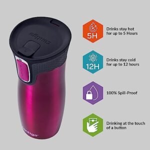 Contigo West Loop Autoseal Travel Mug, Stainless Steel Thermal Mug, Vacuum Flask, Leakproof Tumbler, Coffee Mug with BPA Free Easy-Clean Lid, 470 ml, Raspberry