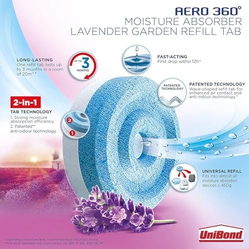 UniBond AERO 360° Moisture Absorber Lavender Garden Refill Tab, aromatherapy, ultra-absorbent and odour-neutralising, for AERO 360° Dehumidifier, Condensation Absorbers, 4 Pack (4 x 450g)