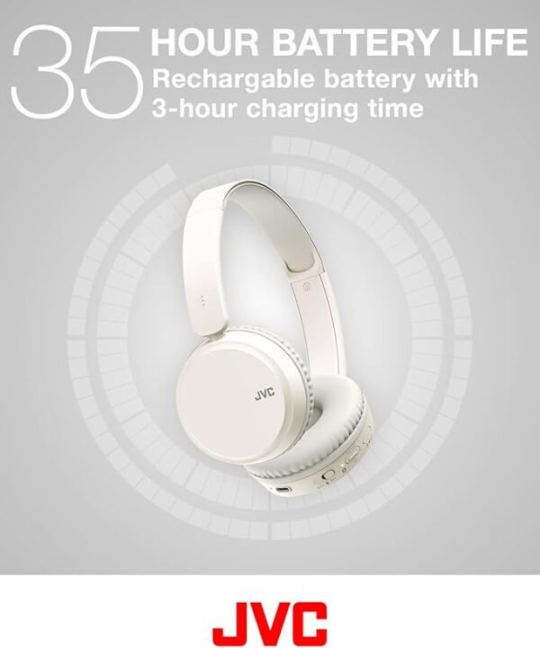 JVC HA-Z37W-W Wireless Bluetooth On Ear Headphones, 35 hours of wireless listening time, Soft ear-pads for a secure and comfortable fit, Bass boost function for dynamic bass sound (on/off) (White)