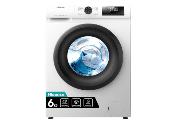 Hisense-WFQP6012EVM-Freestanding-6 KG-Front Load Durable Inverter Washing Machine-Steam Wash-Quick Wash-15 Washing Programs-1200 RPM-White-Energy Rating C [Energy Class C]