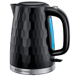 Russell Hobbs Honeycomb Electric 1.7L Cordless Kettle (Fast Boil 3KW, Black premium plastic, matt & high gloss finish, Removable washable anti-scale filter, Push button lid, Perfect pour spout) 26051