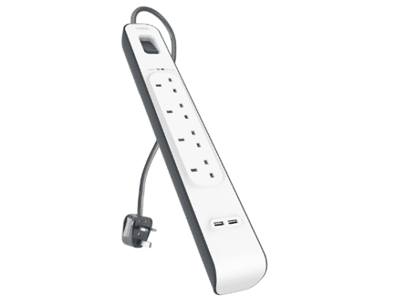 Belkin Extension Lead with USB Slots x 2 (2.4 A Shared), 4 Way/4 Plug Extension, 2m Surge Protected Power Strip - White