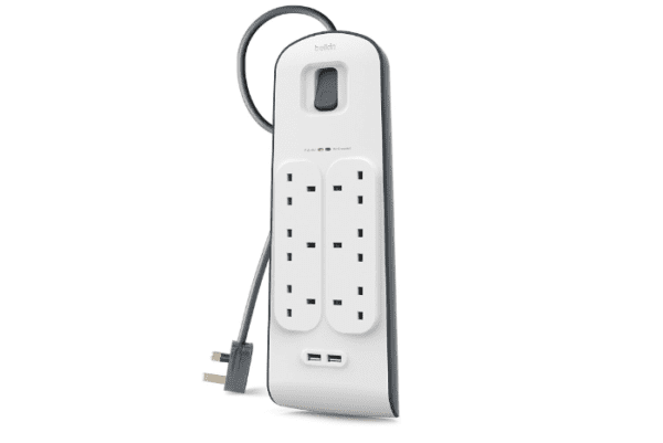 Belkin Extension Lead with USB Slots x 2 (2.4 A Shared), 6 Way/6 Plug Extension, 2m Surge Protected Power Strip - White