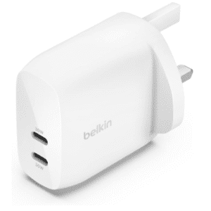 Belkin BoostCharge dual USB-C plug with PPS, 60W phone charger for iPhone 16 and other, iPad, Samsung Galaxy, Google Pixel, MacBook - compatible w/ USB-C to lightning cable & USB-C to USB-C - white
