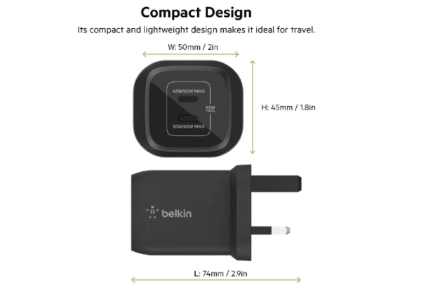 Belkin 65W Dual USB Type C Wall Charger, Fast Charging Power Delivery 3.0 with GaN Technology, USB Plug fast charger for iPhone 16, 15, 14, iPad, MacBook, Samsung Galaxy S24, Pixel and more - Black