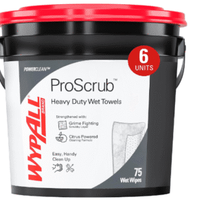 WypAll® PowerClean™ ProScrub™ Heavy Duty Wet Towels (91371), Dual Action Cleaning, Large 9.5" x 12" Wipes, Bucket Included (75 Sheets/Container)