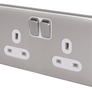 Schneider Electric Lisse Screwless Deco - Switched Double Power Socket, 13A, GGBL3020WSS, Stainless Steel with White Insert